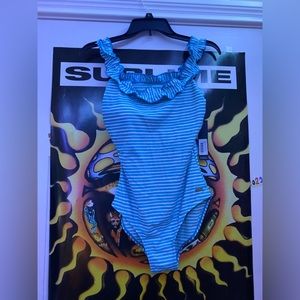 Blue Striped Off The Shoulder Bathing Suit